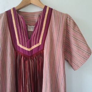 Vintage Nepal Handmade Small Kaftan Fringe Robe Striped Unisex Ethnic Dress